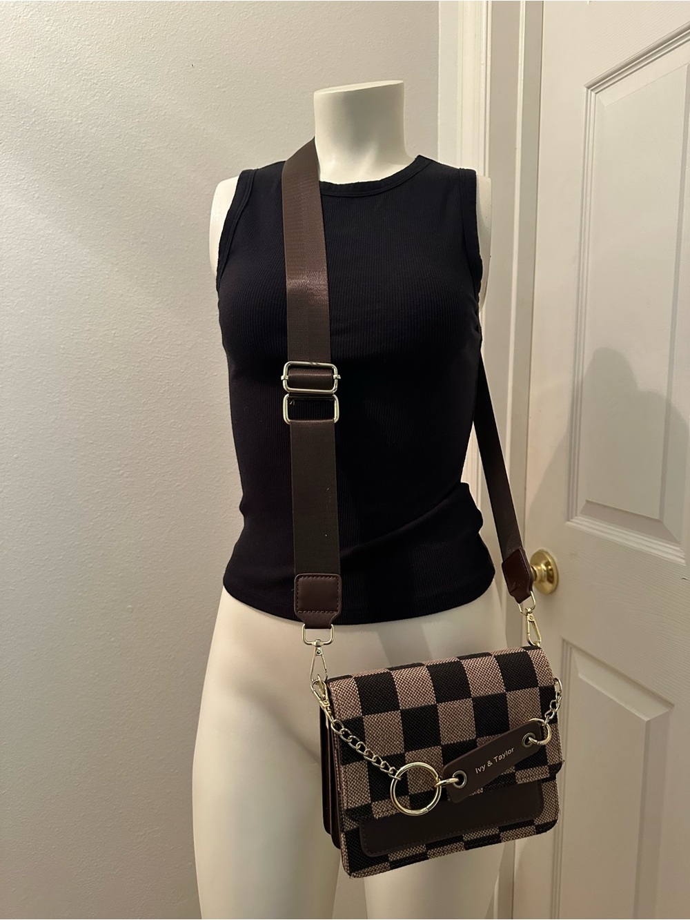 Brown and tan Checkerboard Crossbody with Gold Hardware
